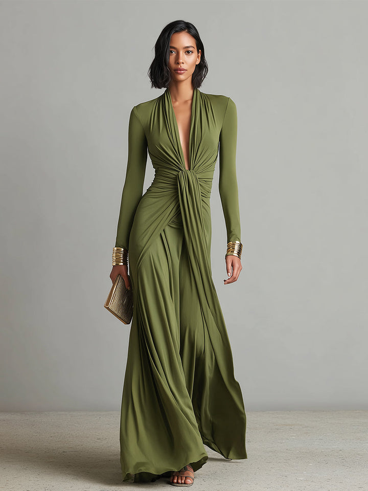 Elegant olive silk maxi dress with a V-neck