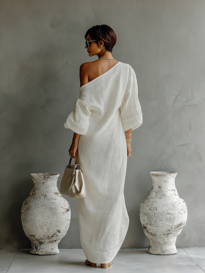 Ivory linen dress – off-the-shoulder, elegant summer look