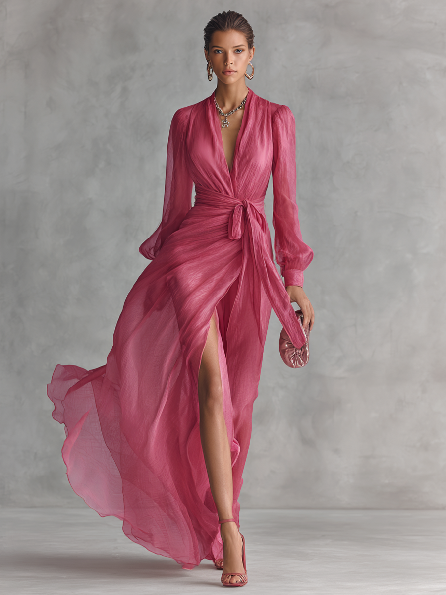 Pink Chiffon Dress with V-Neck – Elegant and Feminine