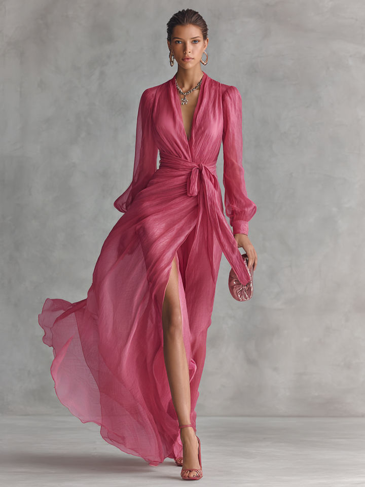Pink Chiffon Dress with V-Neck – Elegant and Feminine