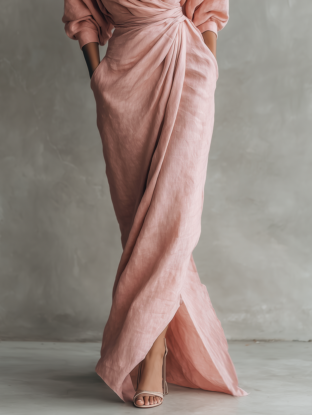 Pink Linen Maxi Dress with V-Neck – Elegant, Airy Summer Dress