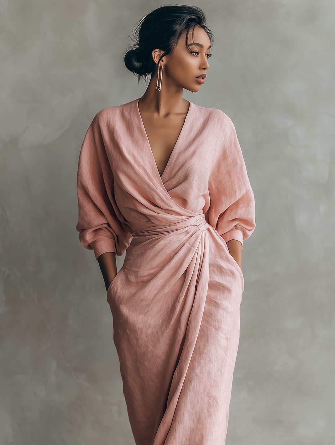 Pink Linen Maxi Dress with V-Neck – Elegant, Airy Summer Dress
