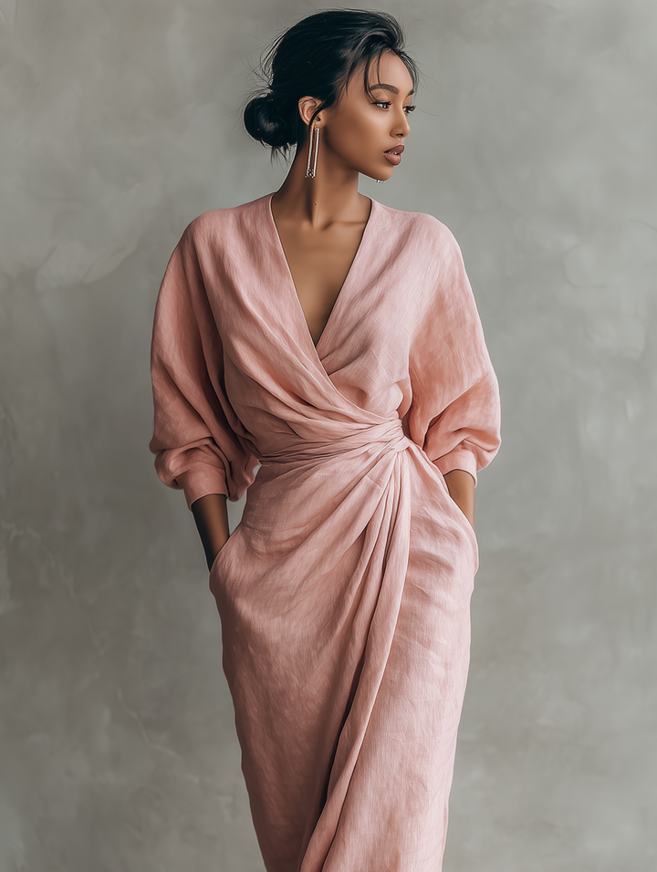 Pink Linen Maxi Dress with V-Neck – Elegant, Airy Summer Dress