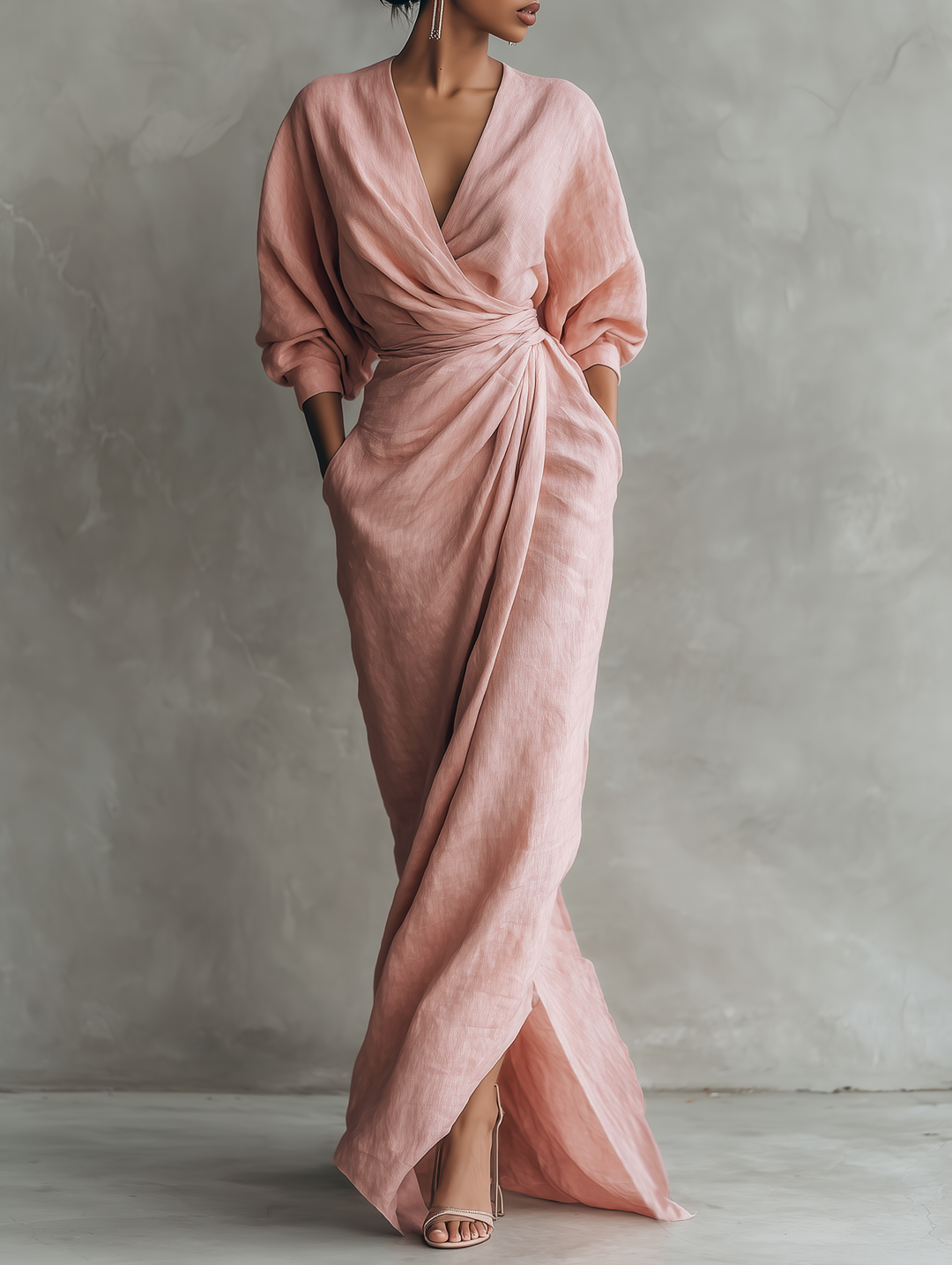 Pink Linen Maxi Dress with V-Neck – Elegant, Airy Summer Dress