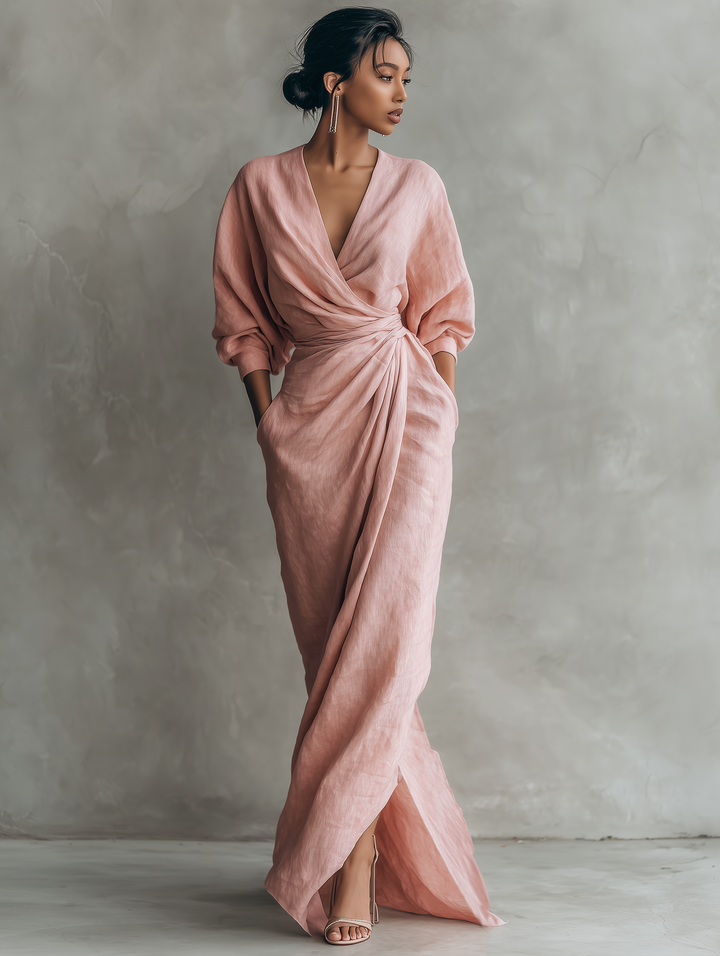 Pink Linen Maxi Dress with V-Neck – Elegant, Airy Summer Dress