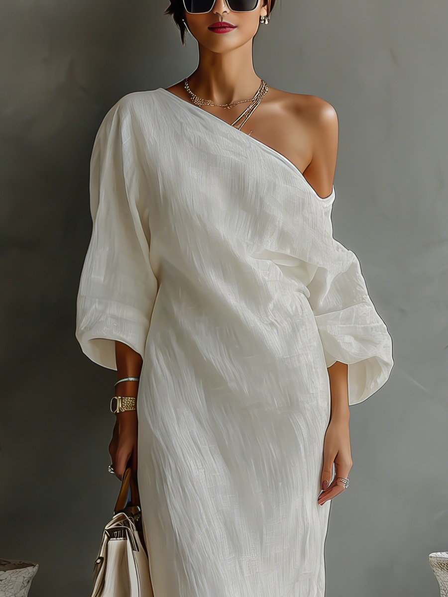 Ivory linen dress – off-the-shoulder, elegant summer look