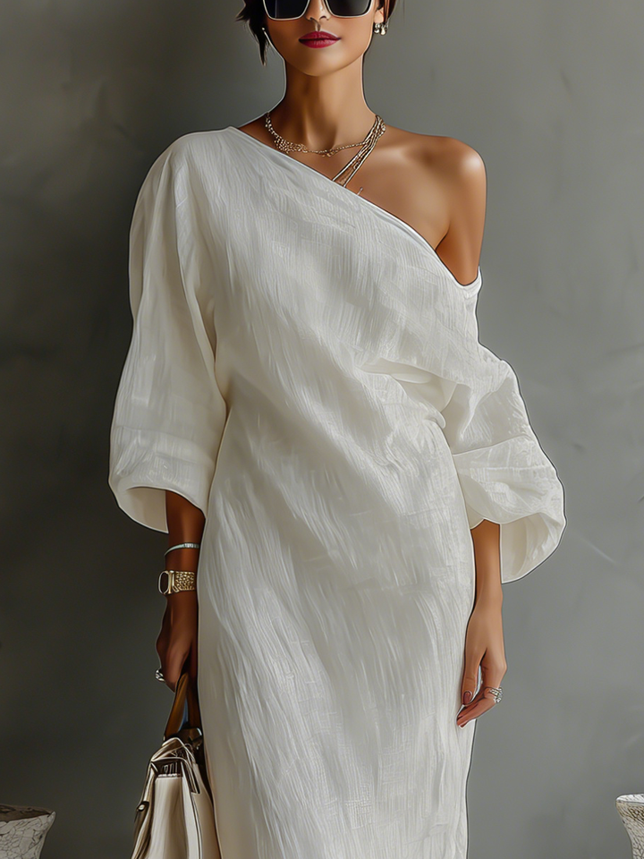 Ivory linen dress – off-the-shoulder, elegant summer look