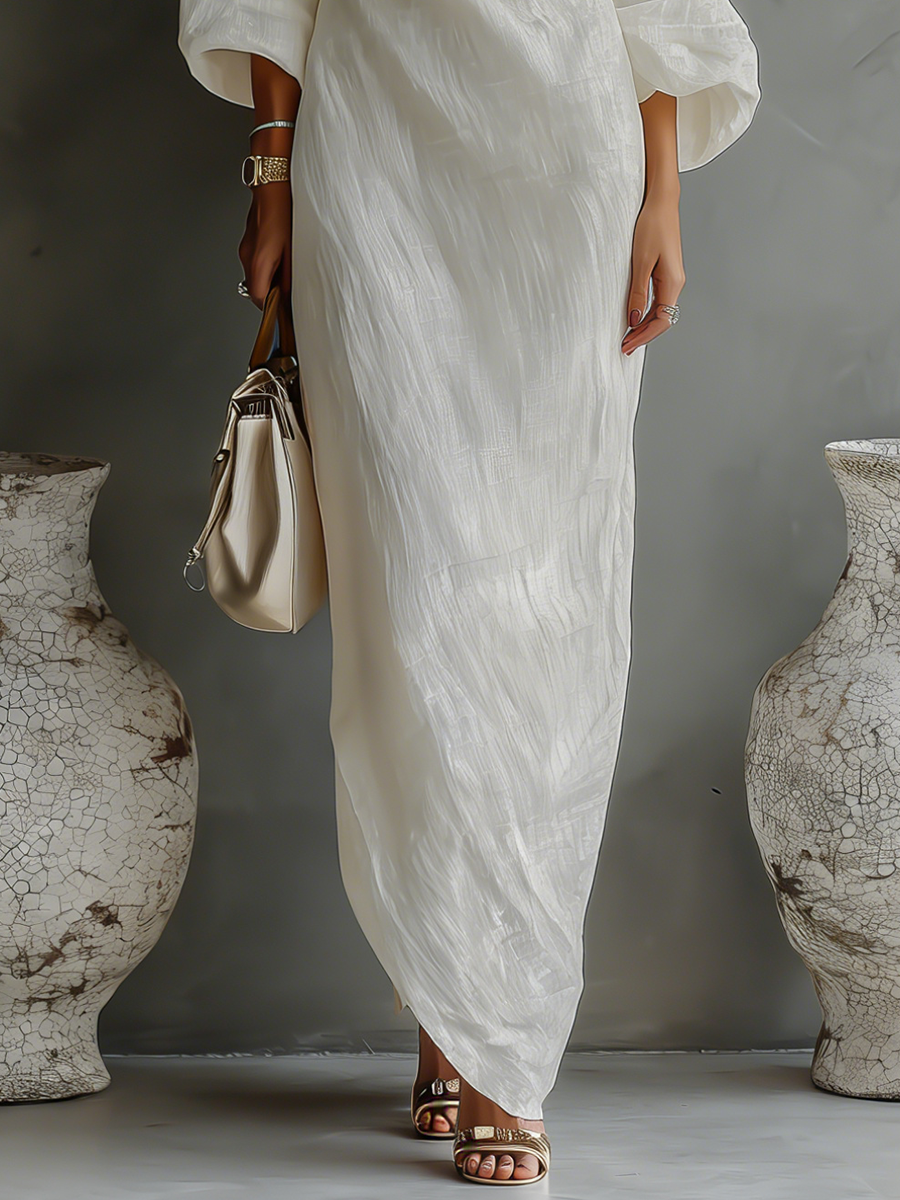 Ivory linen dress – off-the-shoulder, elegant summer look