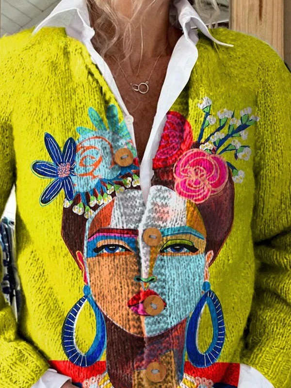 Oil Painting Freda Portrait Art Printed | Buttoned Cardigan Sweater