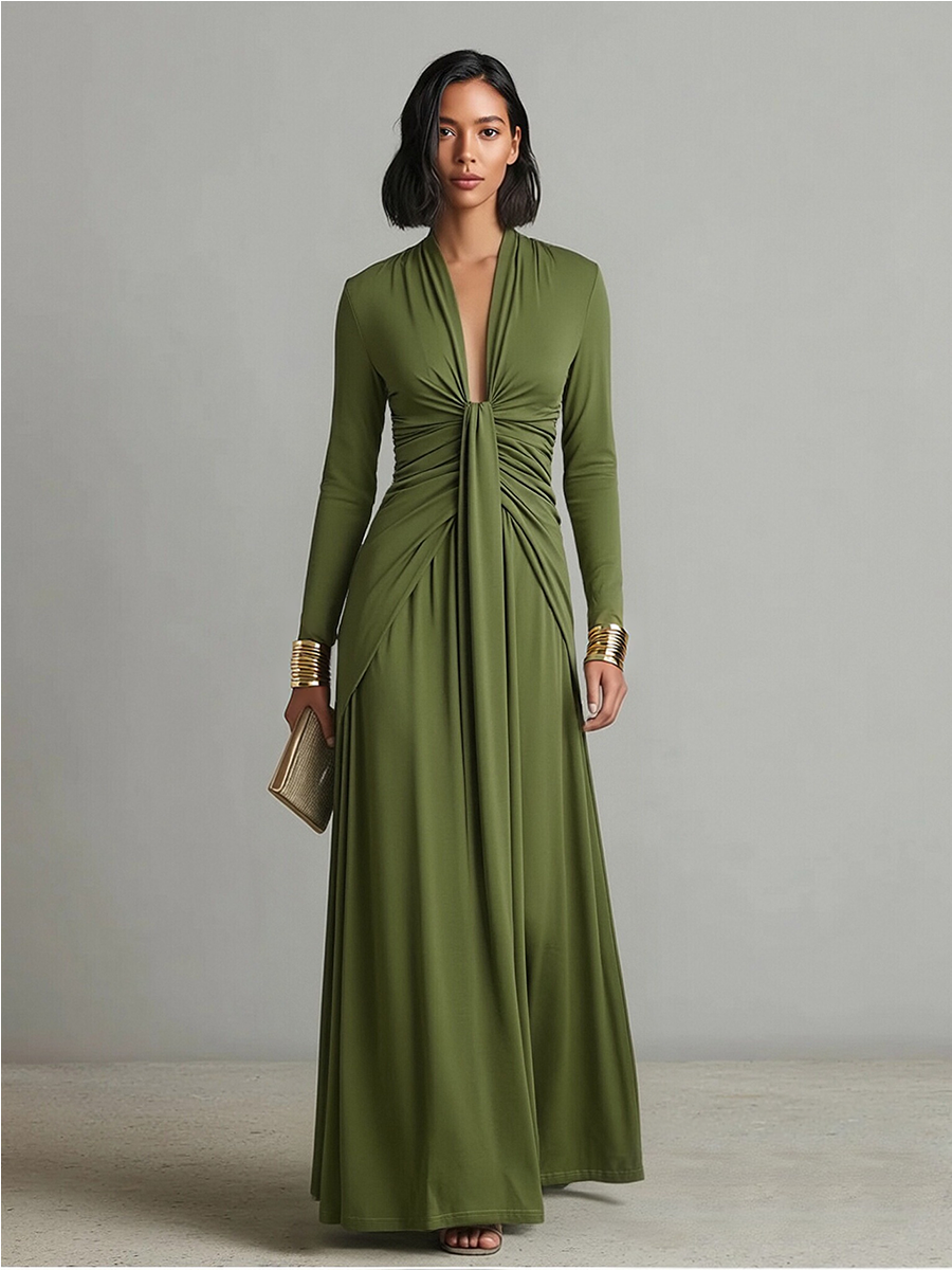 Elegant olive silk maxi dress with a V-neck