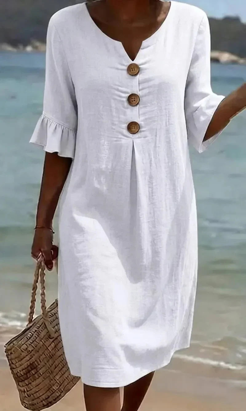 Vanesa™ | Linen Textured Dress with Puff Sleeves and Buttons