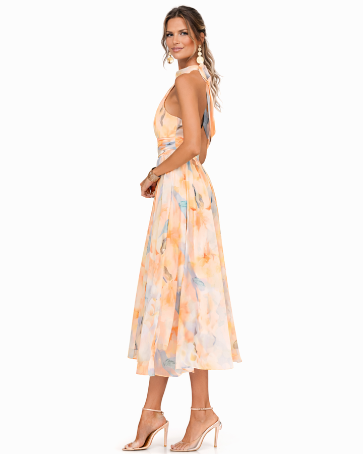 Aurora – Dress with Halter Neckline and Watercolour Print