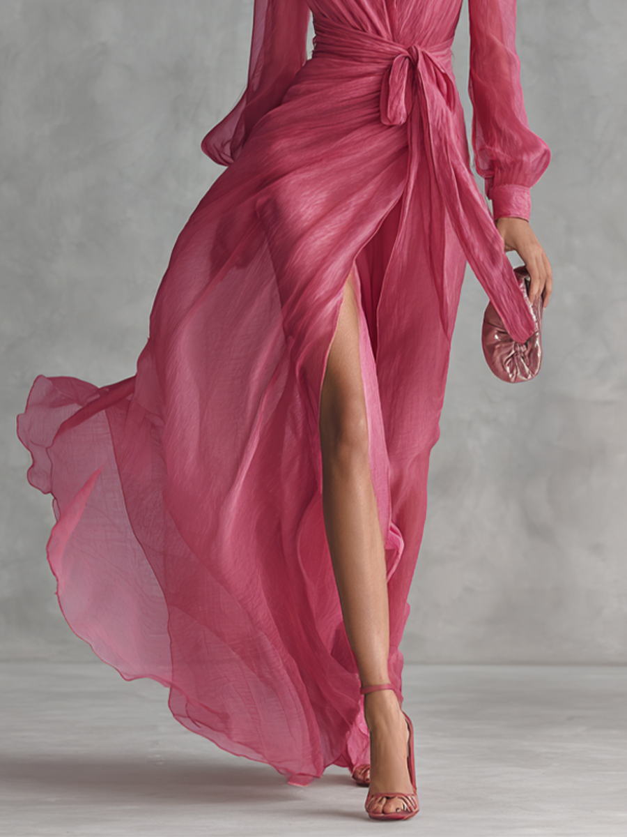 Pink Chiffon Dress with V-Neck – Elegant and Feminine