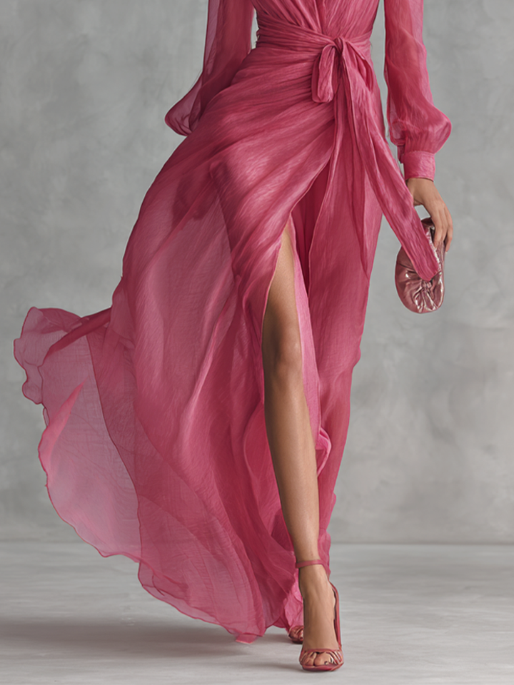 Pink Chiffon Dress with V-Neck – Elegant and Feminine