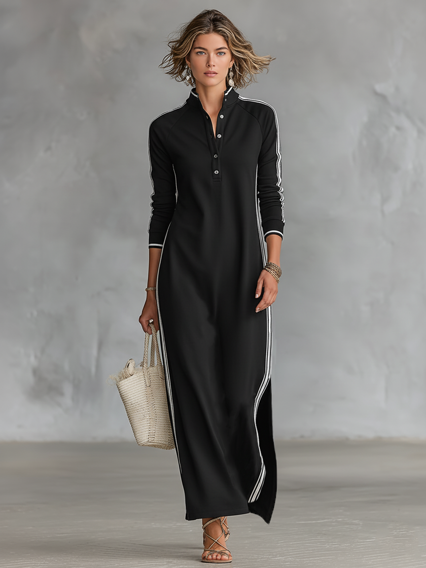 Stylish maxi sweatshirt dress with a buttoned collar – comfortable, versatile, and elegant