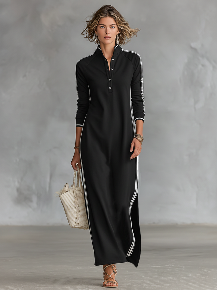 Stylish maxi sweatshirt dress with a buttoned collar – comfortable, versatile, and elegant