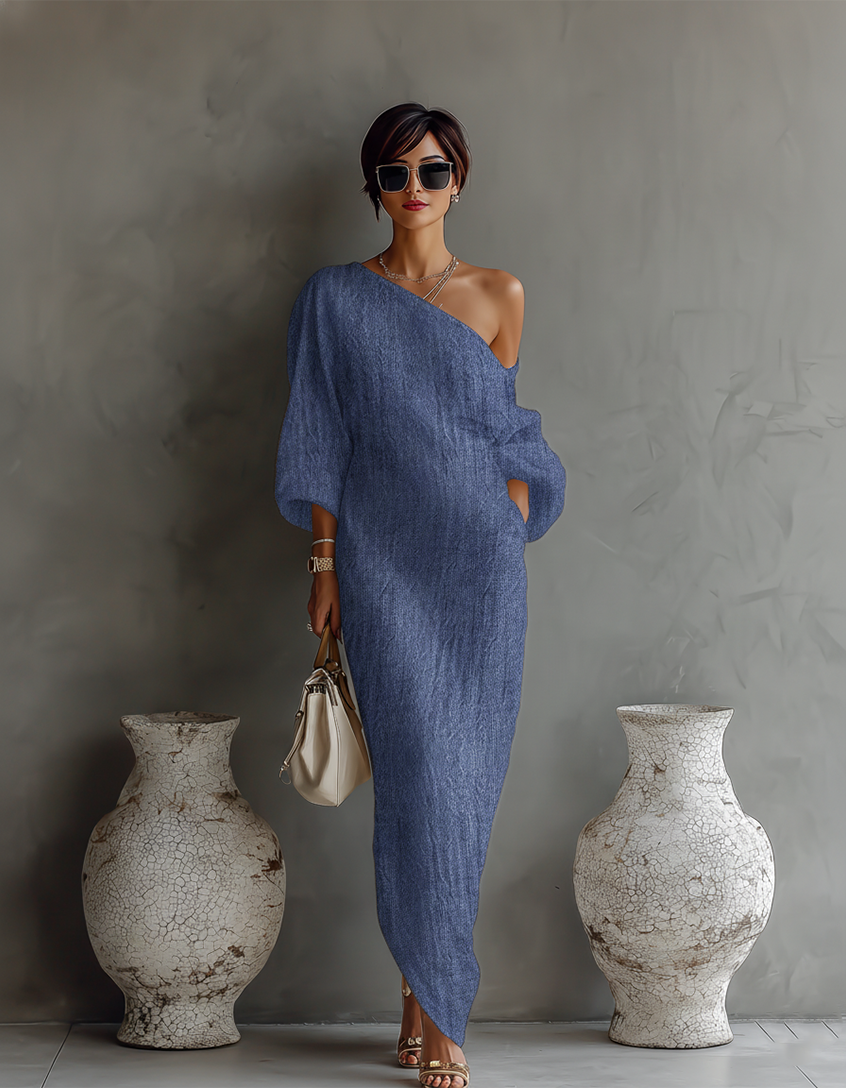 Ivory linen dress – off-the-shoulder, elegant summer look