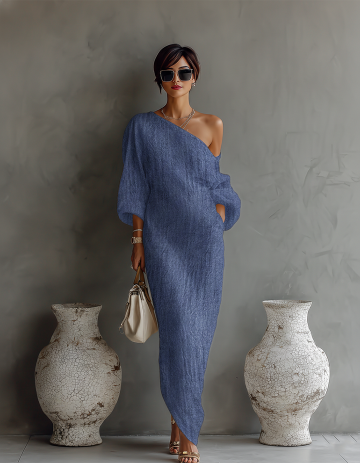 Ivory linen dress – off-the-shoulder, elegant summer look