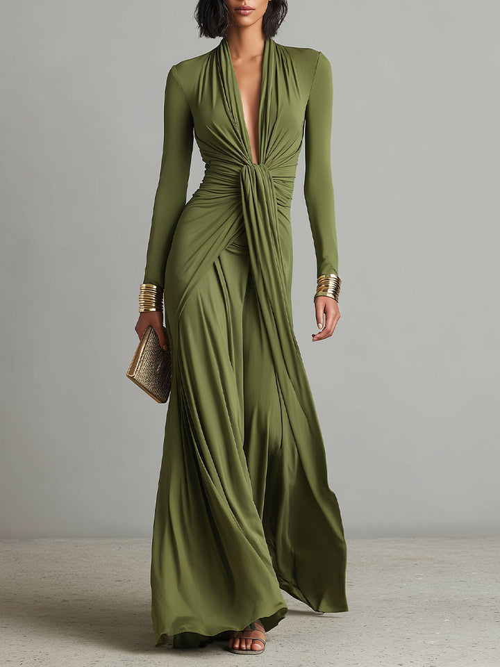 Elegant olive silk maxi dress with a V-neck