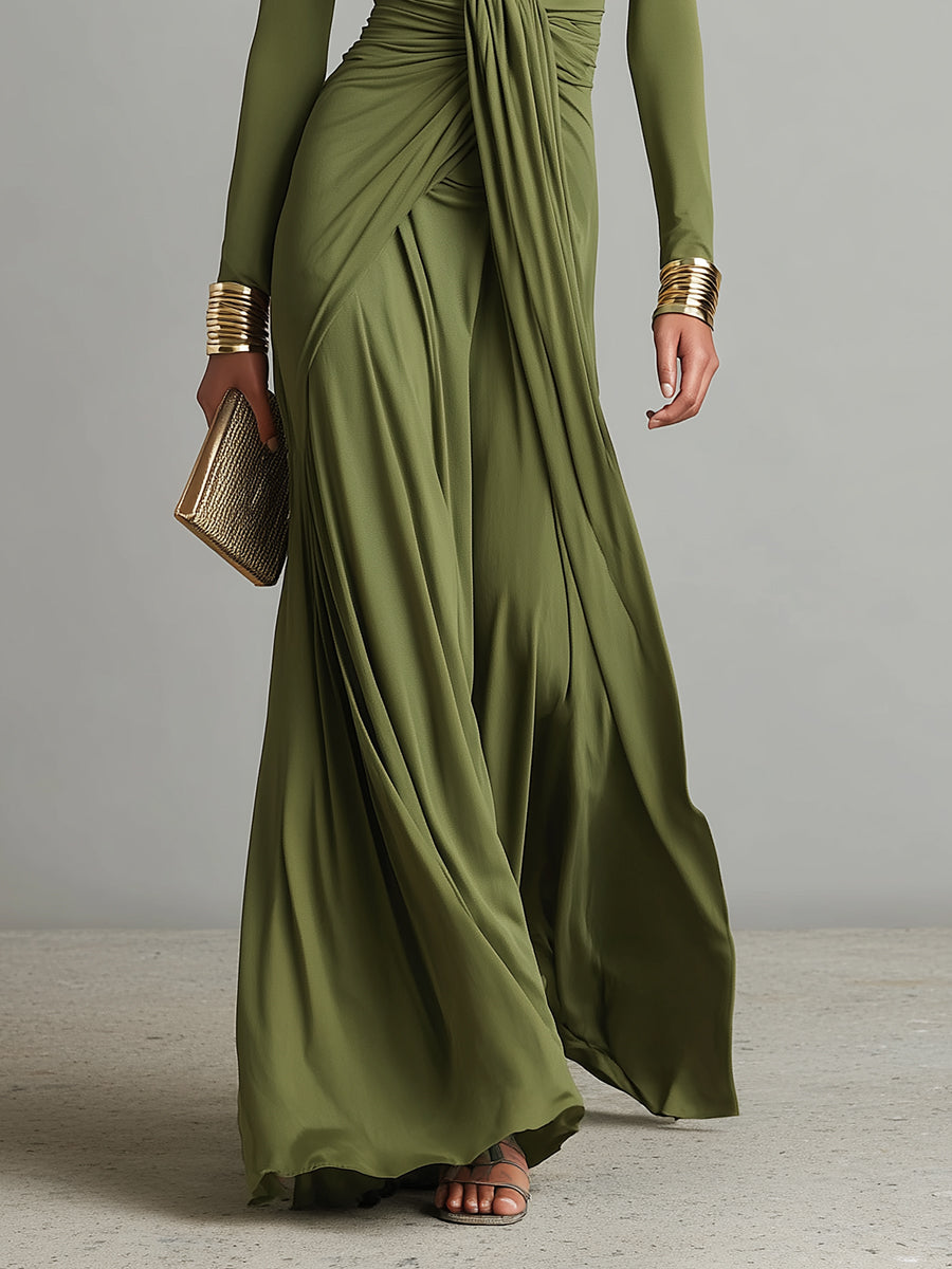 Elegant olive silk maxi dress with a V-neck