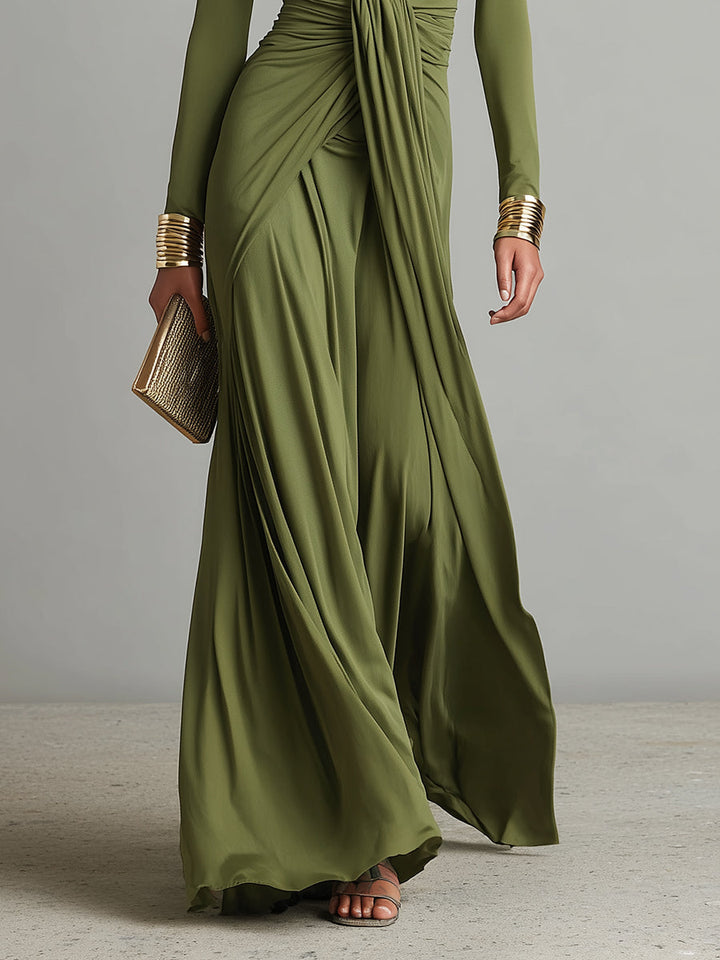 Elegant olive silk maxi dress with a V-neck