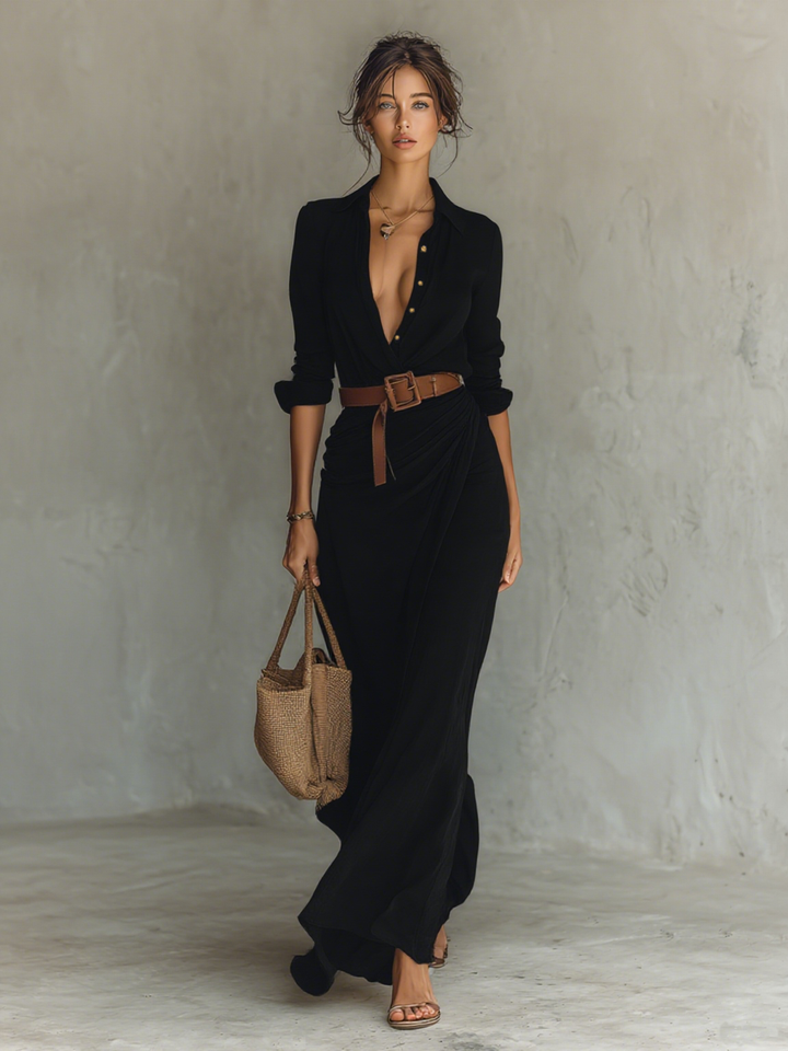 Elegant maxi dress with a lapel collar and long sleeves