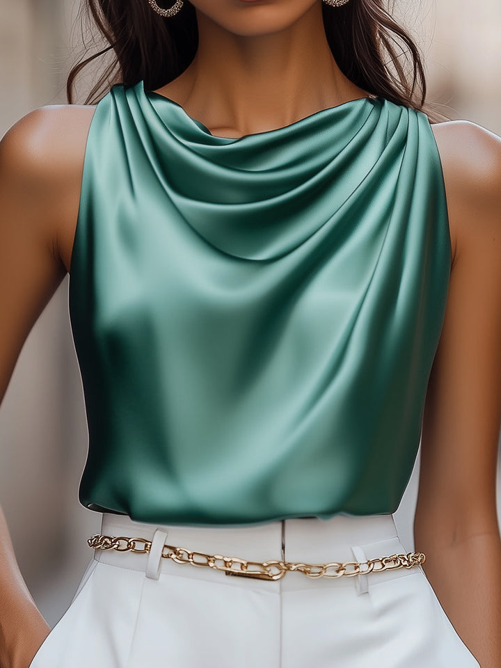 Teal Satin Drape Neck Blouse