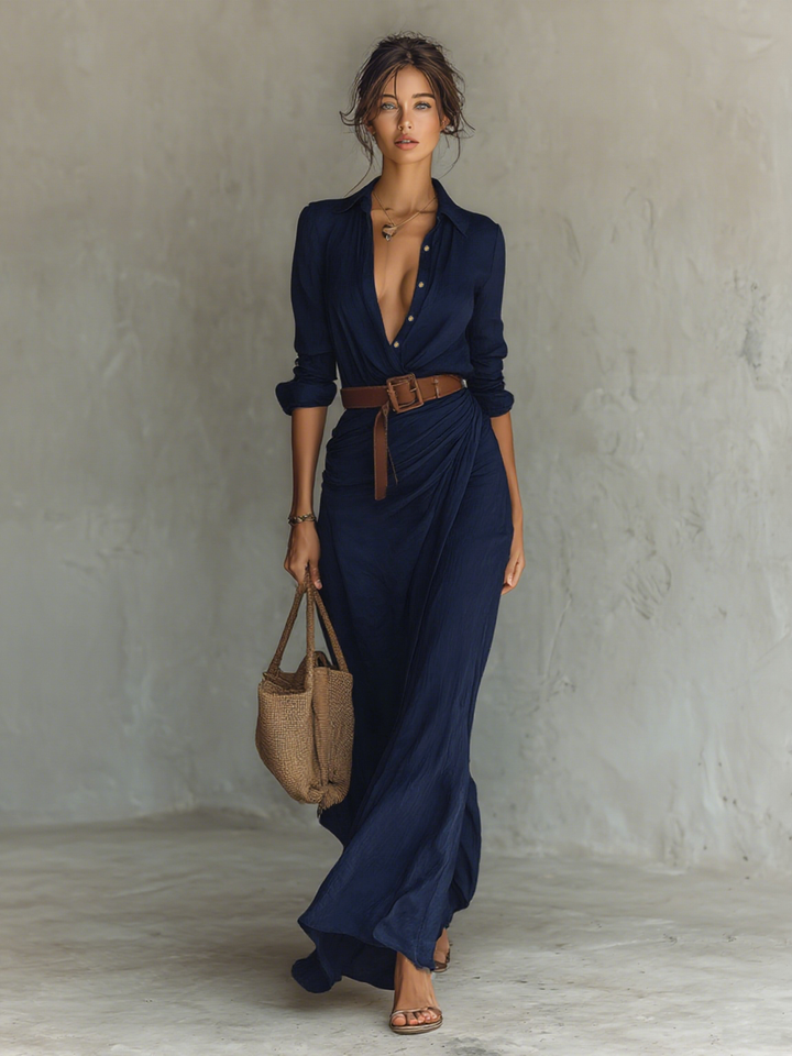 Elegant maxi dress with a lapel collar and long sleeves