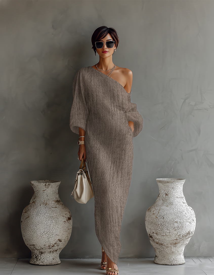 Ivory linen dress – off-the-shoulder, elegant summer look