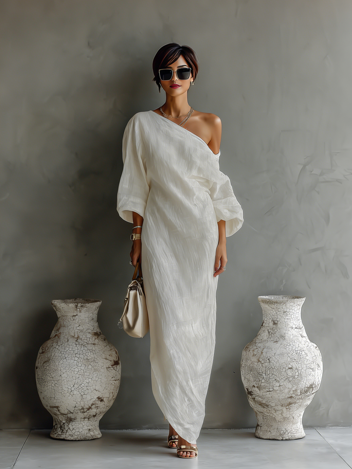Ivory linen dress – off-the-shoulder, elegant summer look