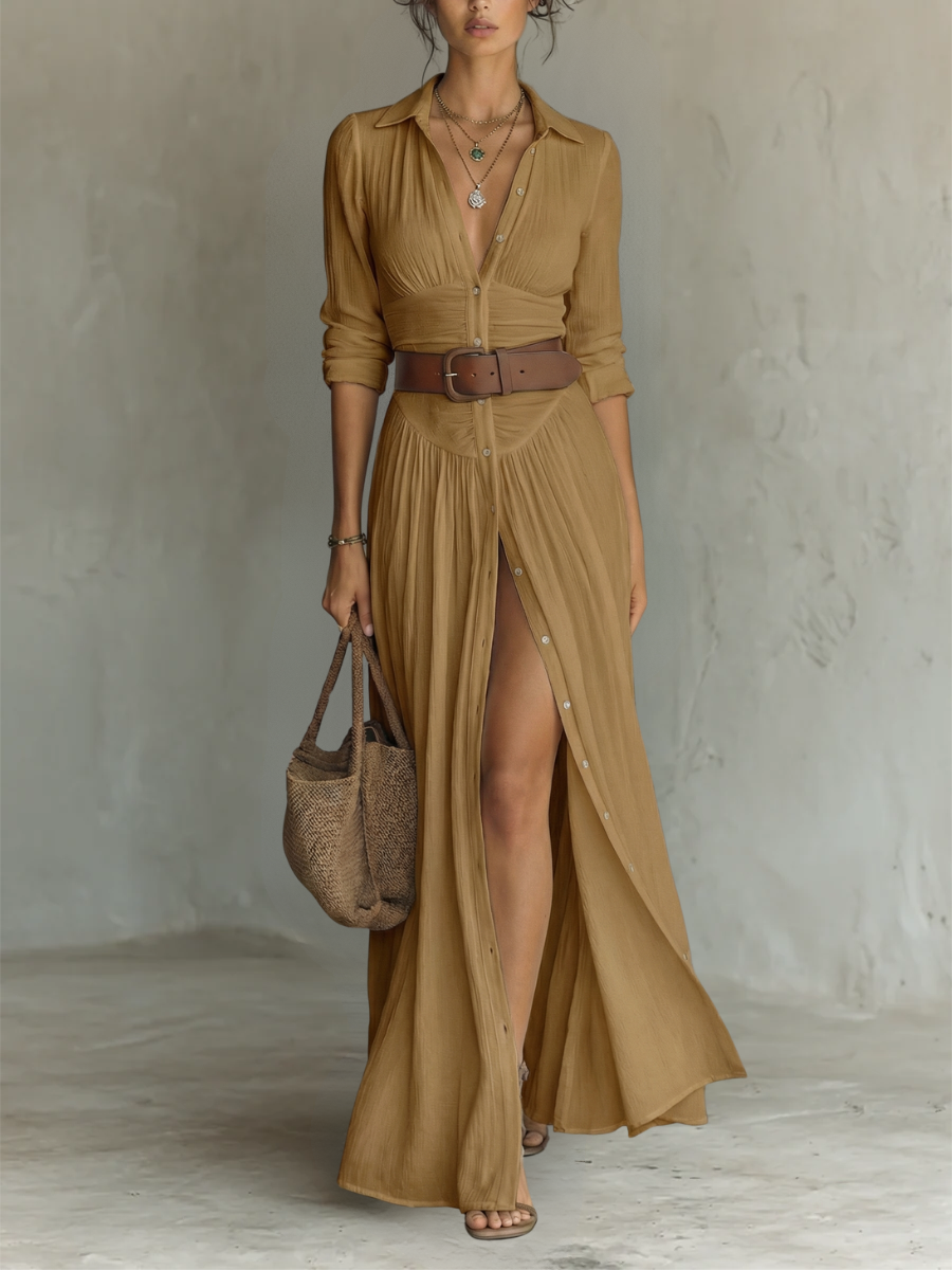 Elegant linen maxi dress with a lapel collar and long sleeves