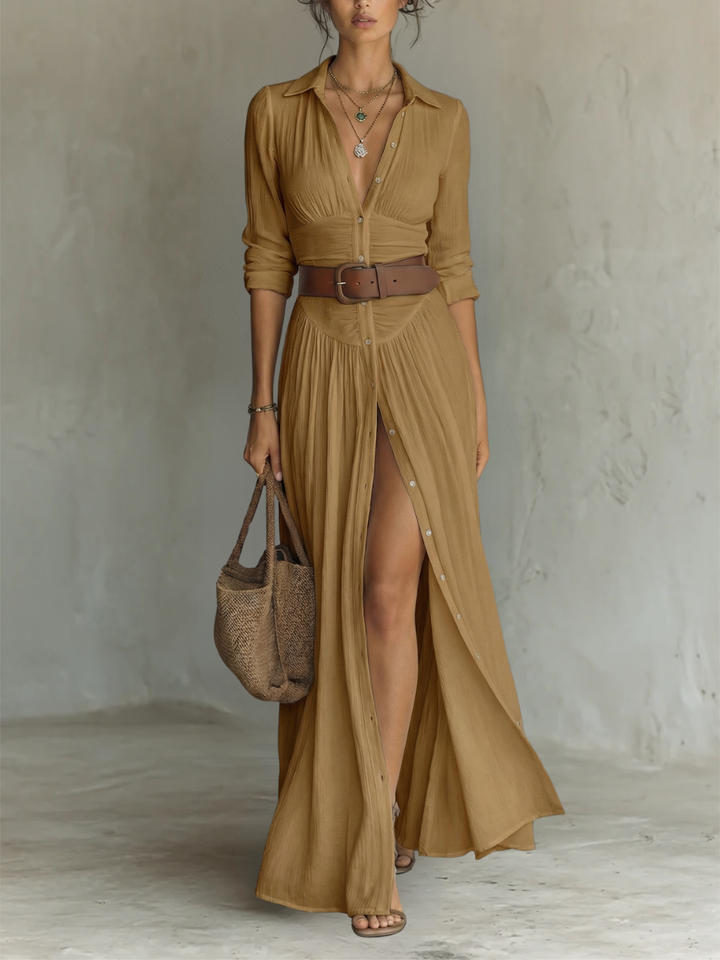 Elegant linen maxi dress with a lapel collar and long sleeves