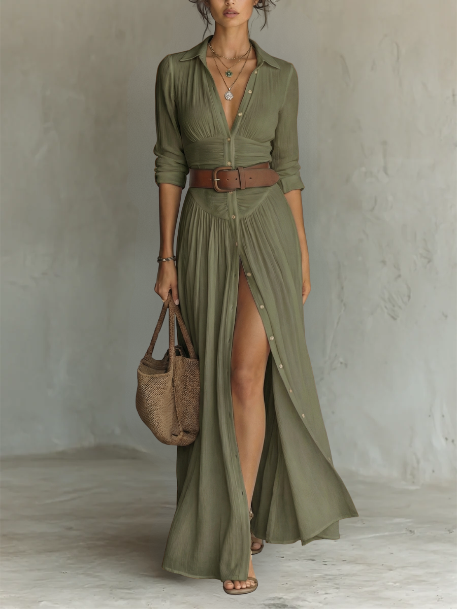 Elegant linen maxi dress with a lapel collar and long sleeves