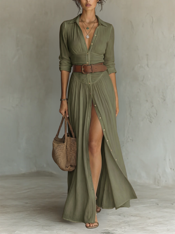 Elegant linen maxi dress with a lapel collar and long sleeves