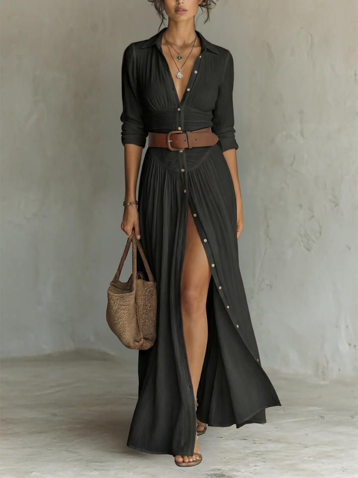 Elegant linen maxi dress with a lapel collar and long sleeves