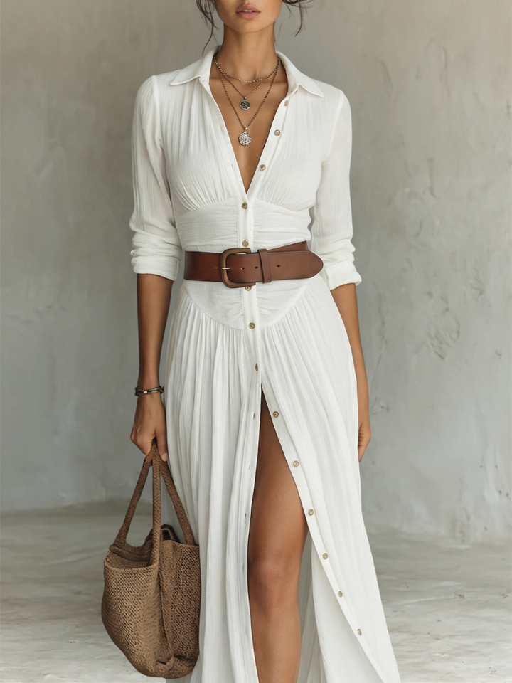 Elegant linen maxi dress with a lapel collar and long sleeves