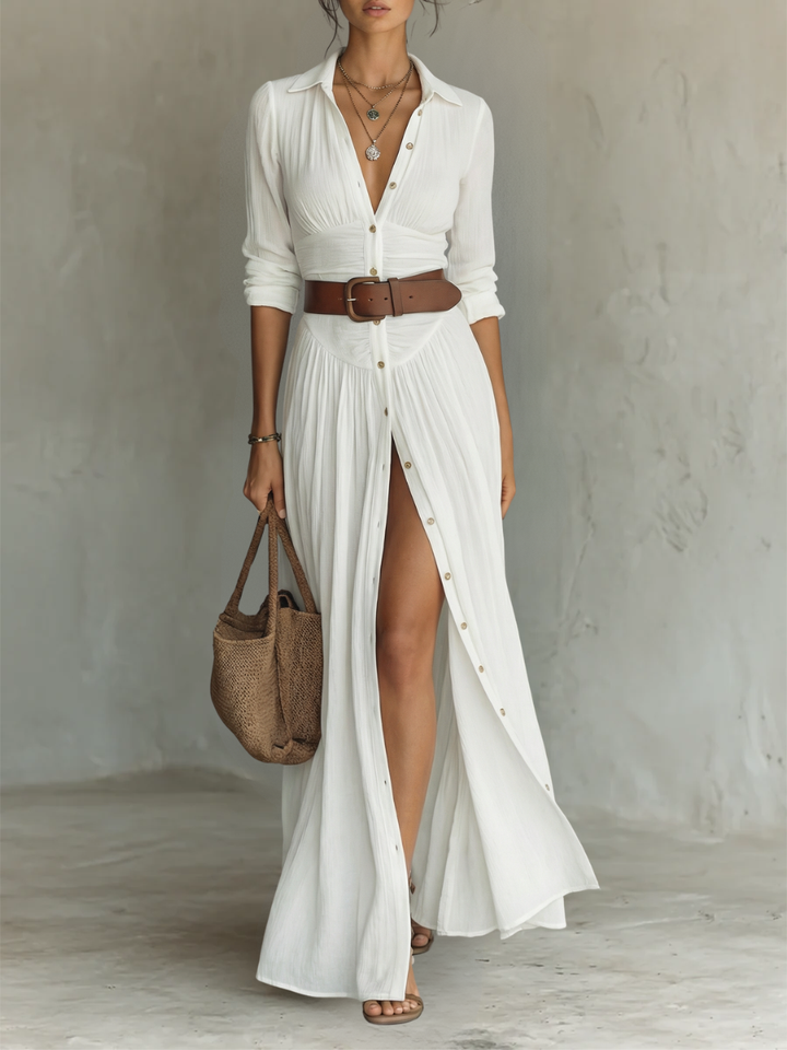Elegant linen maxi dress with a lapel collar and long sleeves