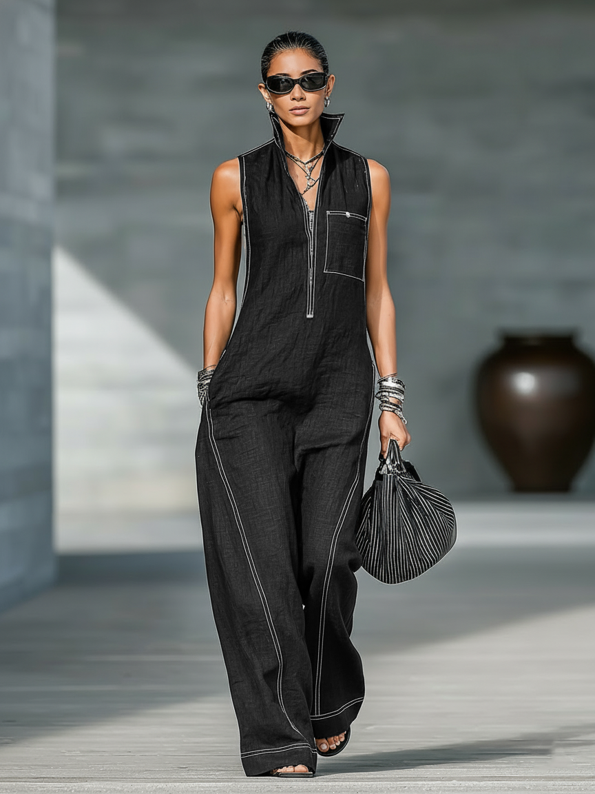 Sleeveless bib overalls with white trim – stylish, comfortable and versatile