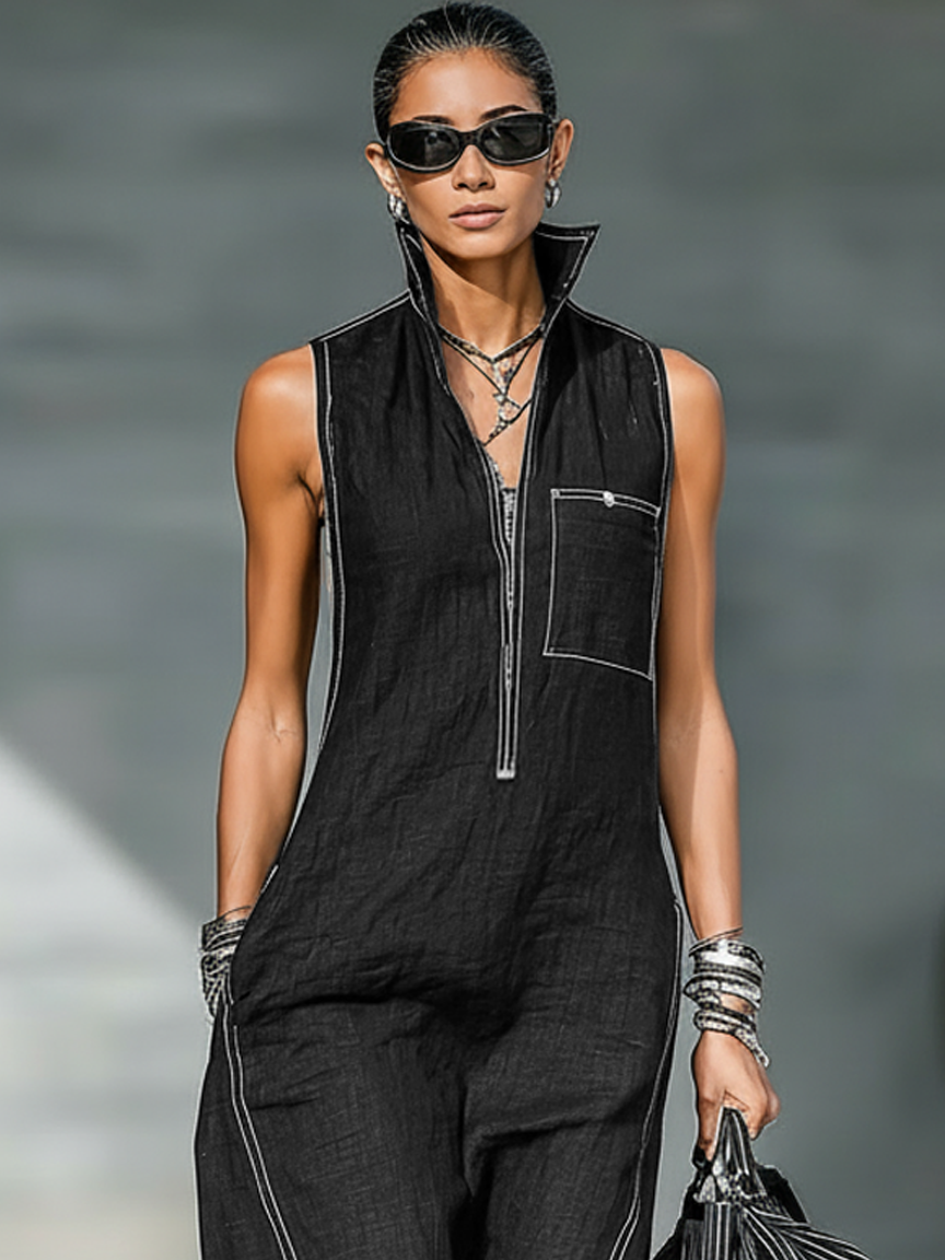 Sleeveless bib overalls with white trim – stylish, comfortable and versatile