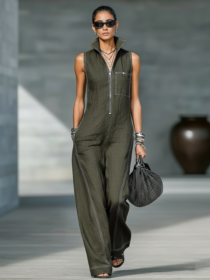 Sleeveless bib overalls with white trim – stylish, comfortable and versatile