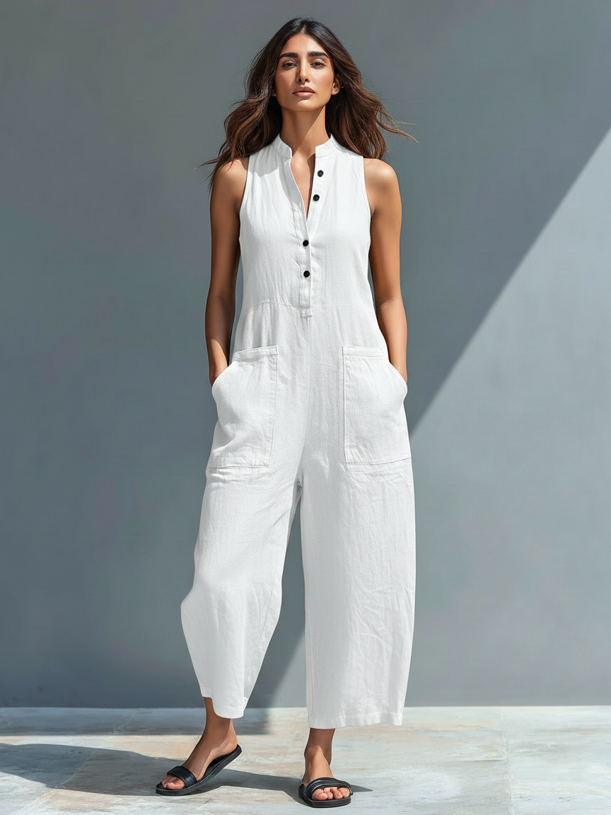 Stylish Sleeveless Linen Bib Overalls – Lightweight for Summer, Breathable & Versatile