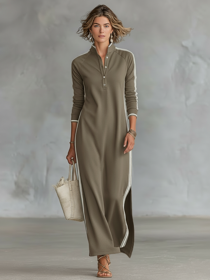 Stylish maxi sweatshirt dress with a buttoned collar – comfortable, versatile, and elegant
