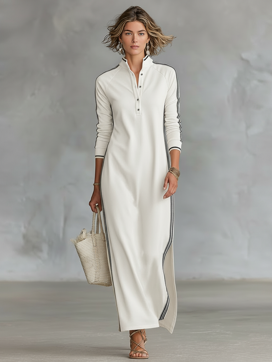 Stylish maxi sweatshirt dress with a buttoned collar – comfortable, versatile, and elegant