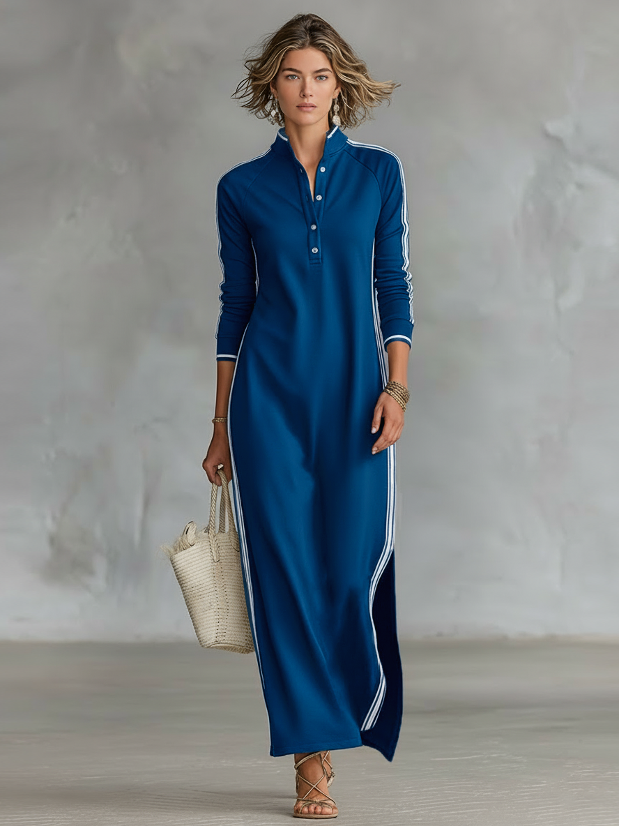 Stylish maxi sweatshirt dress with a buttoned collar – comfortable, versatile, and elegant