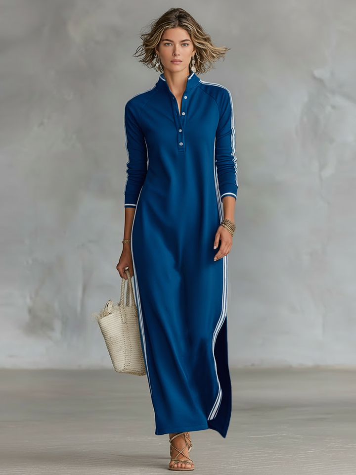 Stylish maxi sweatshirt dress with a buttoned collar – comfortable, versatile, and elegant