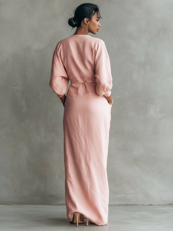 Pink Linen Maxi Dress with V-Neck – Elegant, Airy Summer Dress