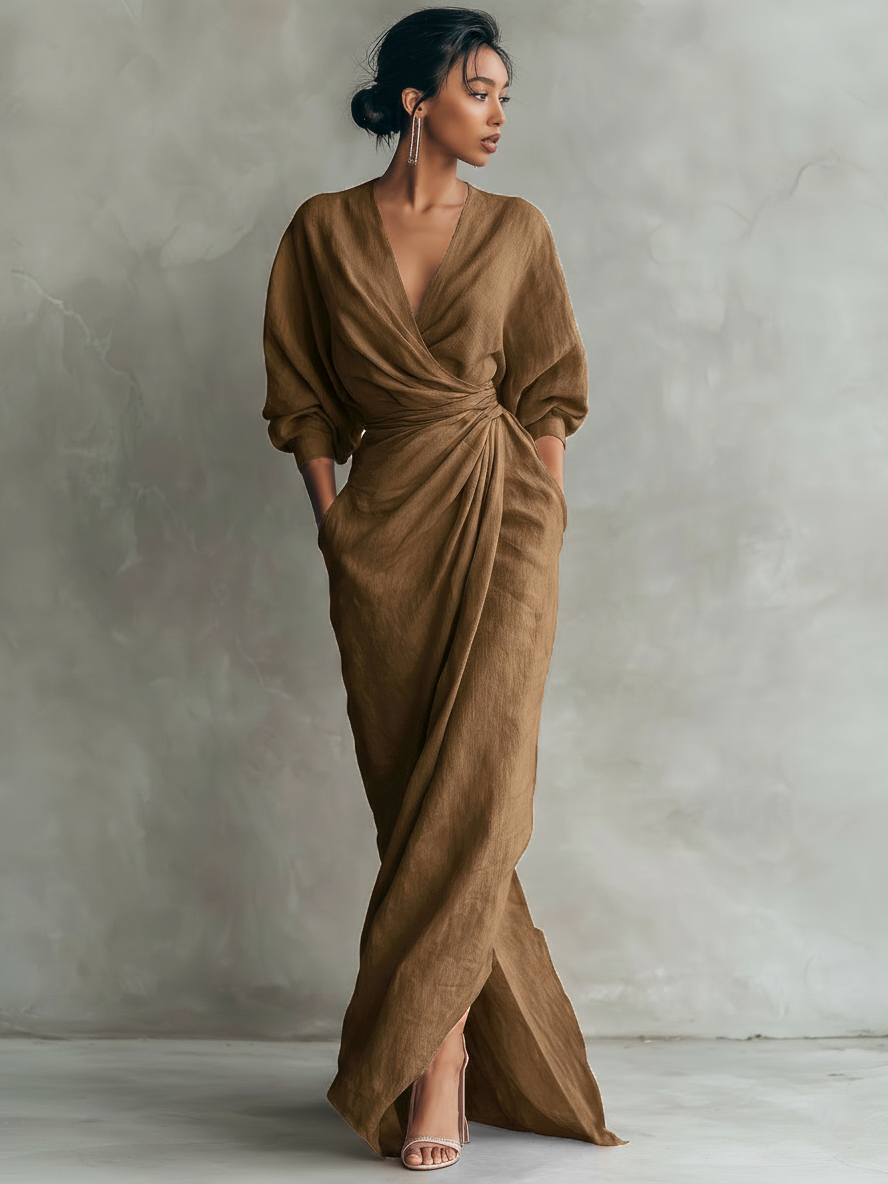 Pink Linen Maxi Dress with V-Neck – Elegant, Airy Summer Dress