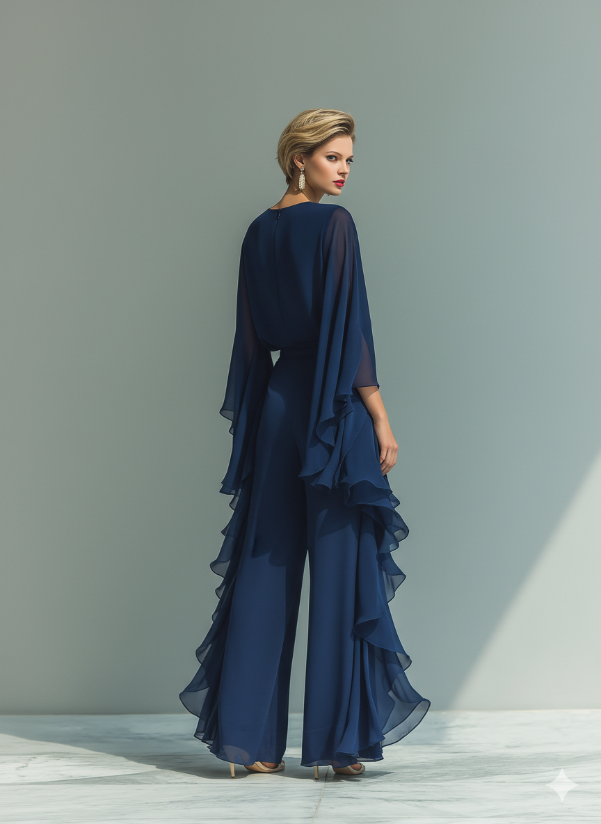 Navy blue chiffon set with delicate ruffles.