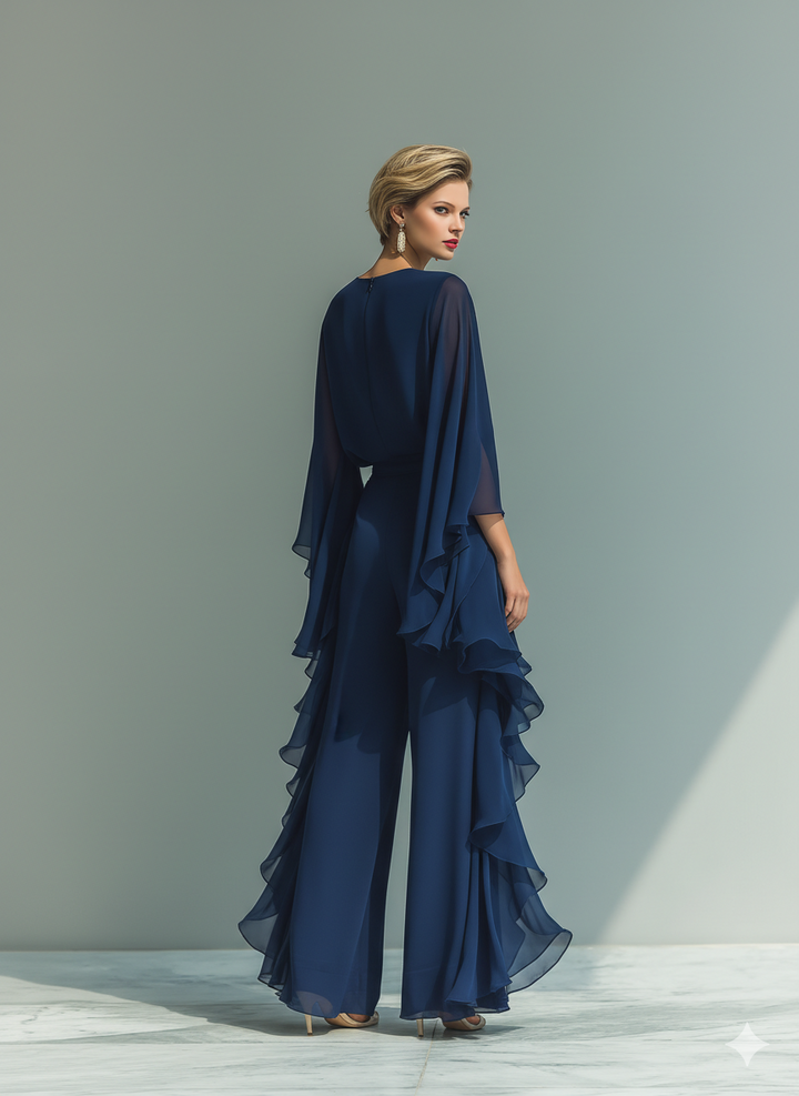 Navy blue chiffon set with delicate ruffles.