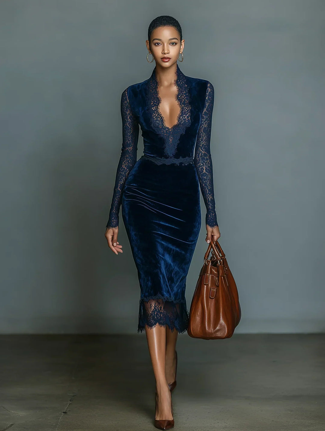 Velvet midi dress with V-neck and lace.